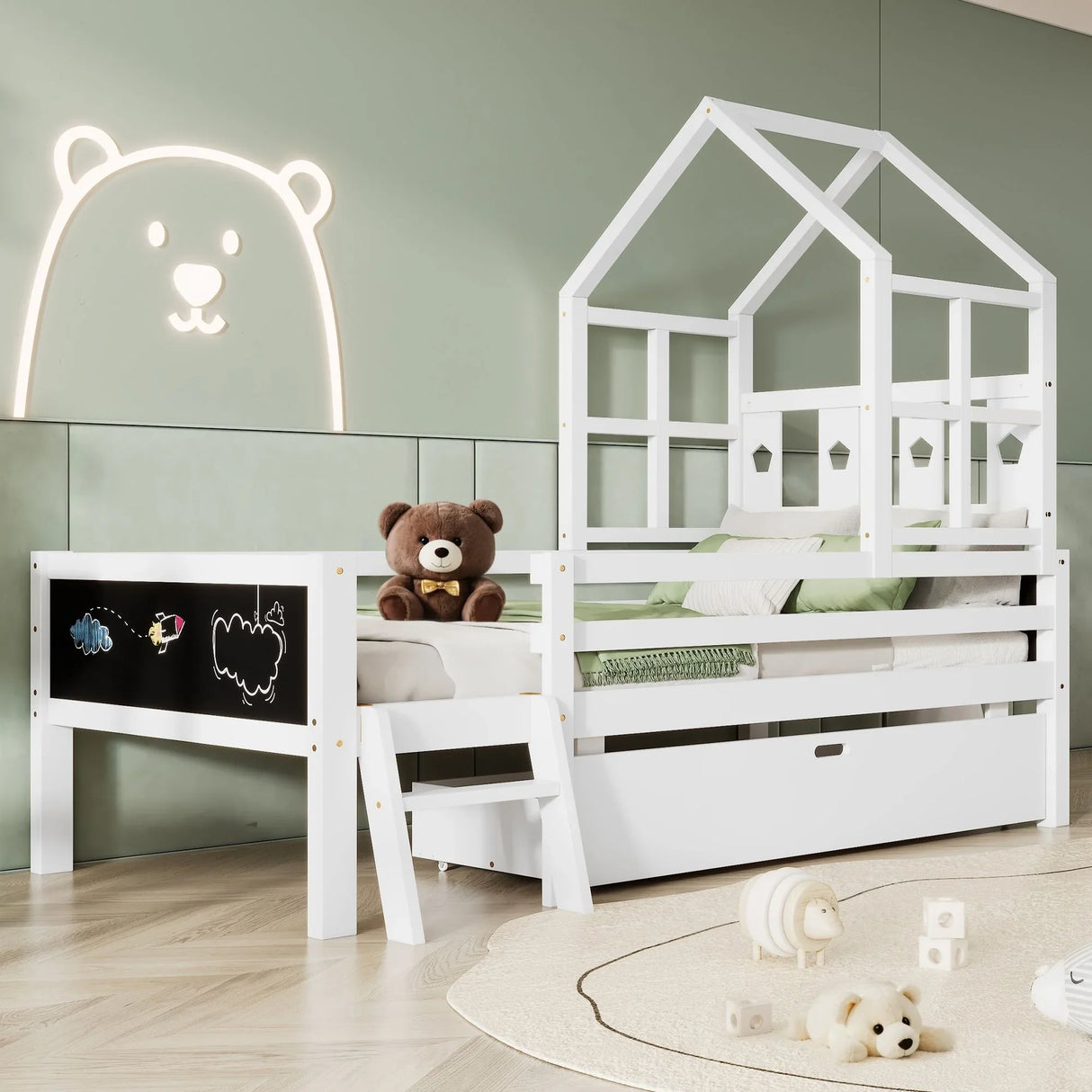 House Bed With Ladder And Storage Drawers Platform With Blackboard, No Box Spring - Furniture Home Direct