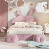 Full Size Upholstered Platform Bed with Cartoon Ears Shaped Headboard and Light, Pink - Furniture Home Direct