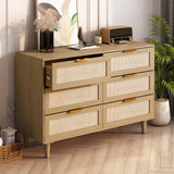 Modern Rattan Dresser With 6 Drawers For Bedroom And Living Room - Oak - Furniture Home Direct