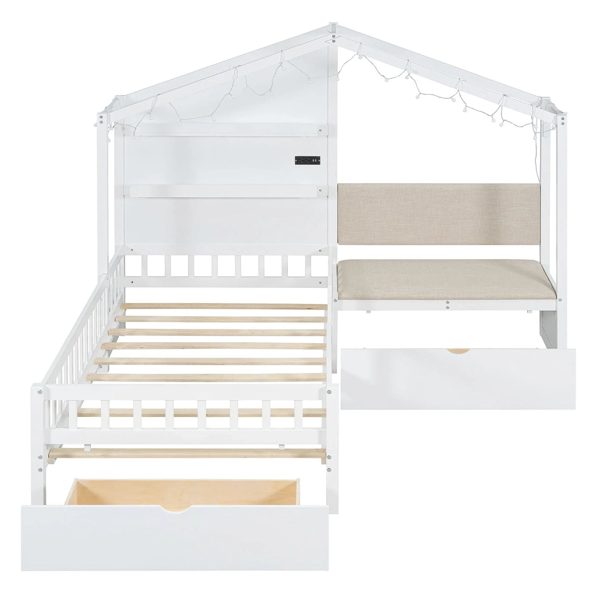 House Bed With Upholstered Sofa, Wireless Charging Station, Shelves And 2 Drawers - Furniture Home Direct
