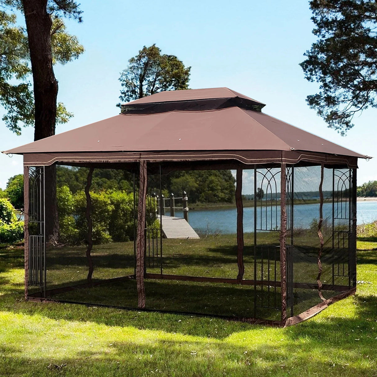 13 0 Outdoor Patio Gazebo Canopy Tent With Ventilated Double Roof And Mosquito Net (Detachable Mesh Screen On All Sides) Suitable For Lawn Garden Backyard And Deck Top - Brown - Furniture Home Direct