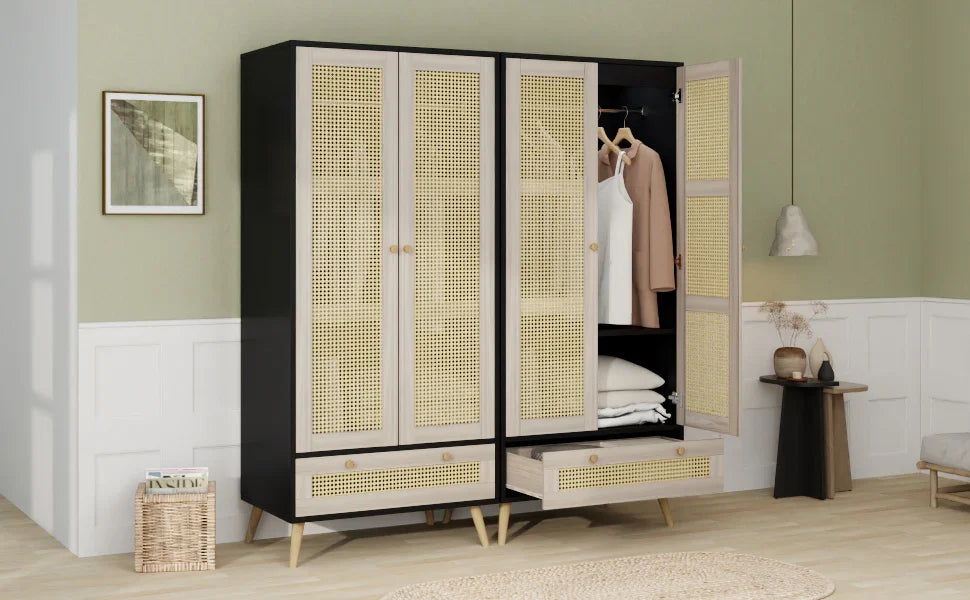 Wardrobe With 2 Rattan Doors And Drawer Natural Black - Furniture Home Direct