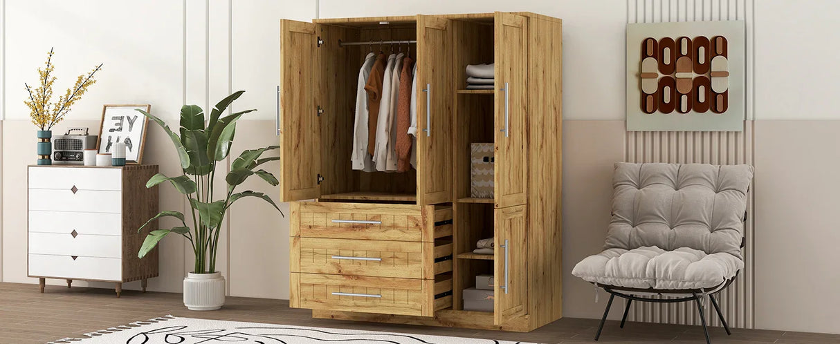 Wardrobe Armoire with Four Doors and Three Drawers Natural - Furniture Home Direct