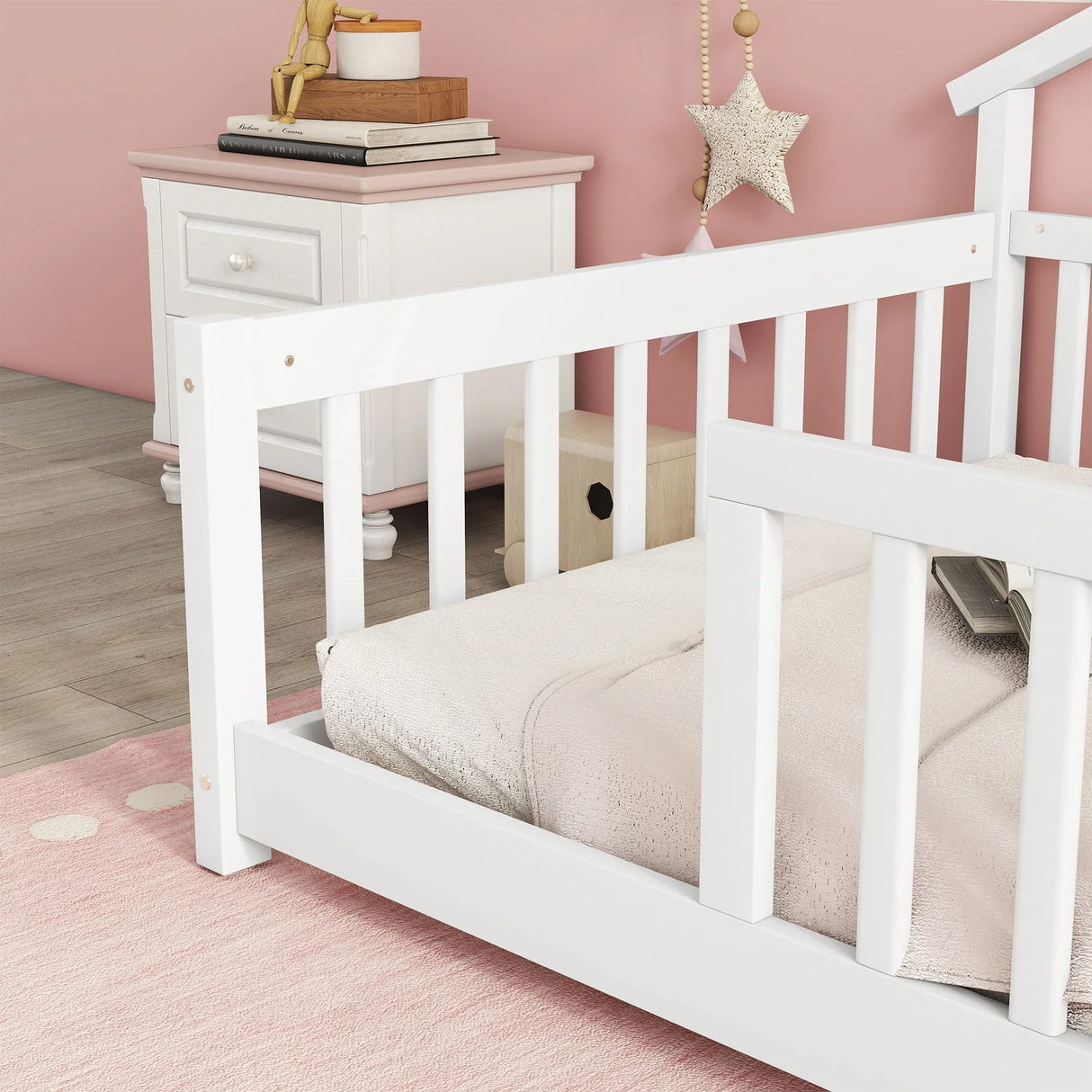 House-Shaped Bedside Floor Bed With Guardrails, Slats, Without Door - Furniture Home Direct