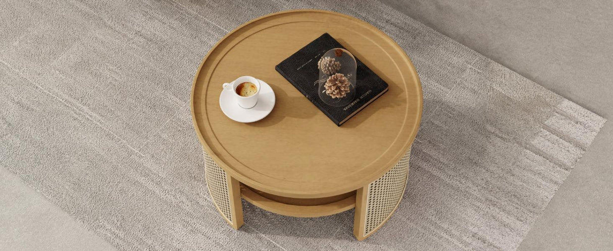 Round Coffee Table With Storage Caned Sides Natural - Furniture Home Direct