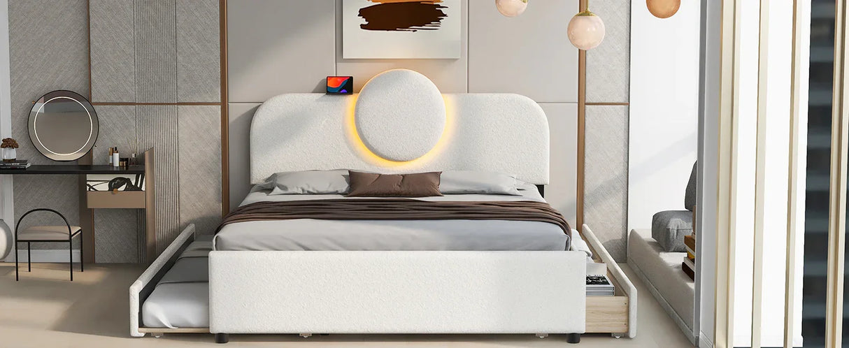 Queen Bed Upholstered Platform With Storage Drawers White - Furniture Home Direct