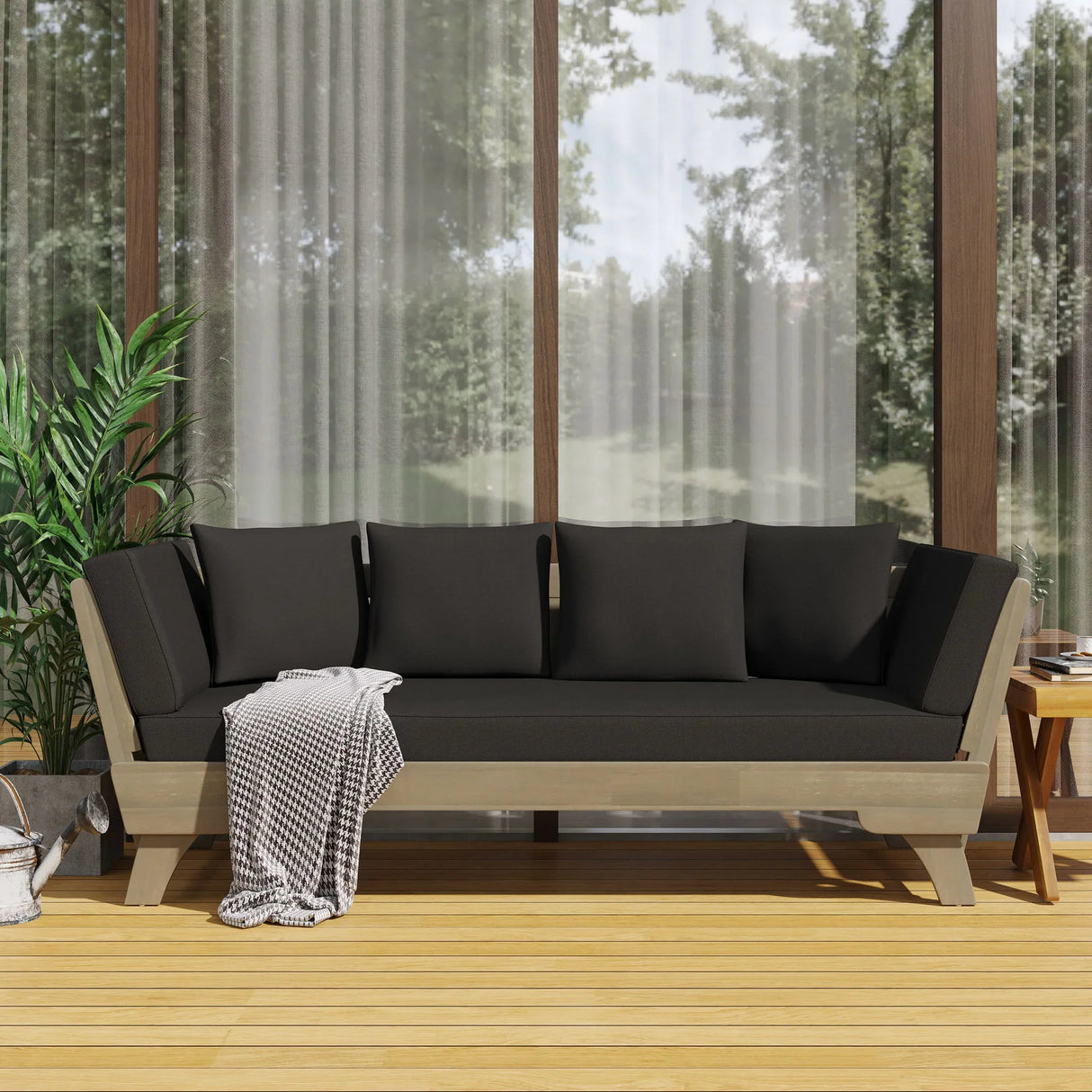 Outdoor Patio Daybed Sofa, 3 Seat Sofa With Foldable Arm 4 Back Pillows