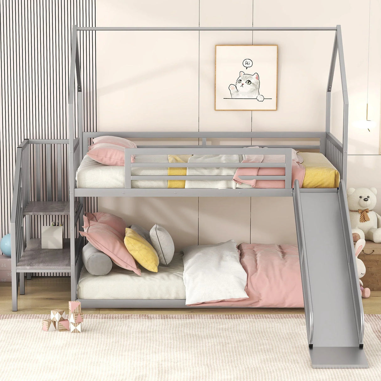 Twin Over Twin Metal Bunk Bed House Bed With Slide And Staircase - Furniture Home Direct