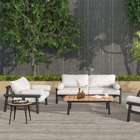 Zara - Dowel Frame Bolster Patio Deep Seating Armchair, Axroma Olefin - Wheat Beige - Furniture Home Direct