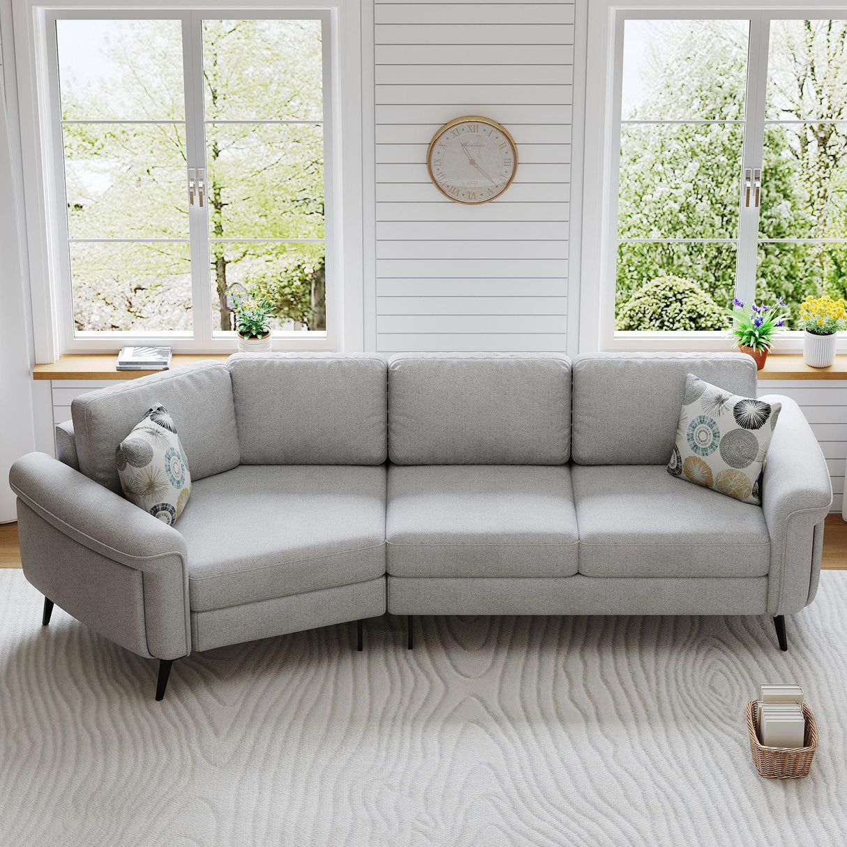 Upholstered 3 Seater Curved Sofa With Printed Pillows Chenille - Furniture Home Direct