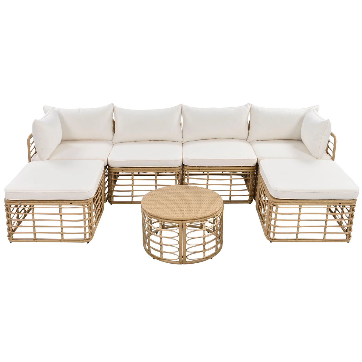7 Piece Outdoor Patio All-Weather Rattan Sectional Sofa Set With Thick Cushions And Pillows - Beige - Furniture Home Direct