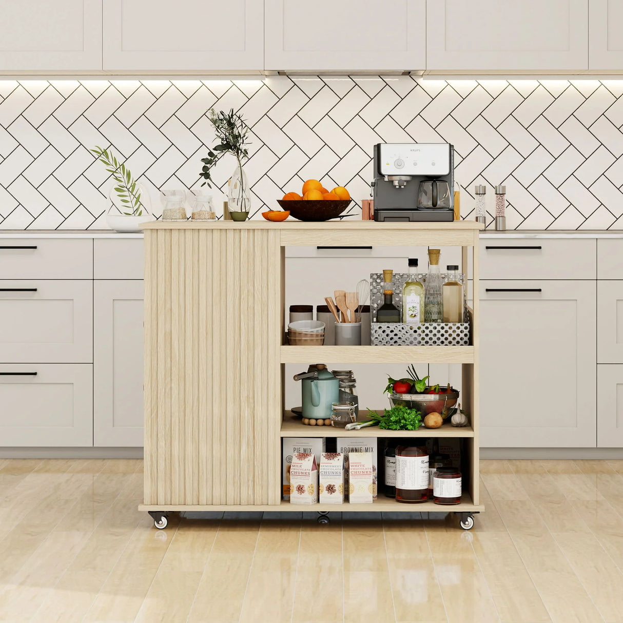 Kitchen Island Cart, Rolling Serving Utility Trolley Cart Modern Kitchen Island With Storage Drawer Wine Rack Lockable Casters, Kitchen Cart For Kitchen, Dining Room, Bar Living Room - Natural - Furniture Home Direct