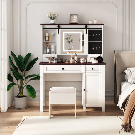 Farmhouse Makeup Vanity with Mirror and Lights - Furniture Home Direct