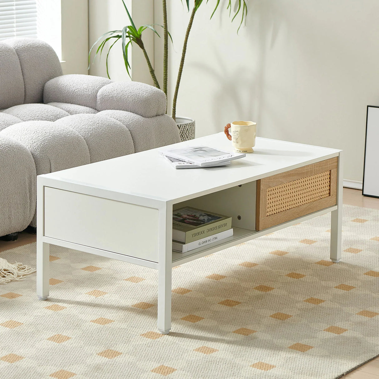 40.16" Rattan Coffee Table, Sliding Door For Storage, Metal Legs, Modern Table For Living Room - Furniture Home Direct