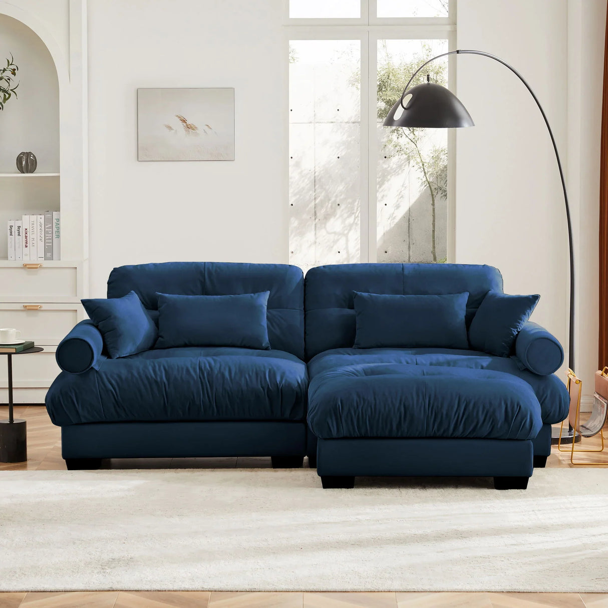 Modern Sectional Sofa With Ottoman, Round Bolster Armrests, Waist And Throw Pillows - Furniture Home Direct