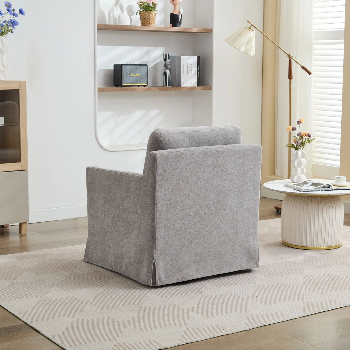Upholstered Skirted Swivel Chair With Removable Back Cushion For Living Room - Furniture Home Direct