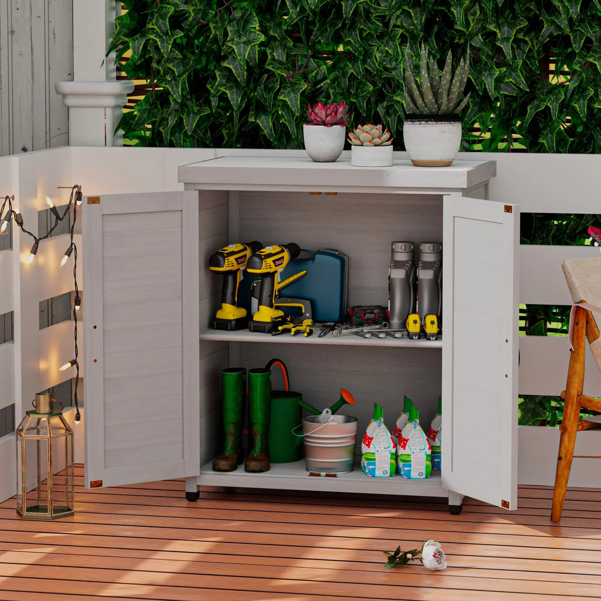 Rustic Cedar Wood Potting Bench With Storage Cabinet And Metal Top For Outdoor Patio - Gray - Furniture Home Direct