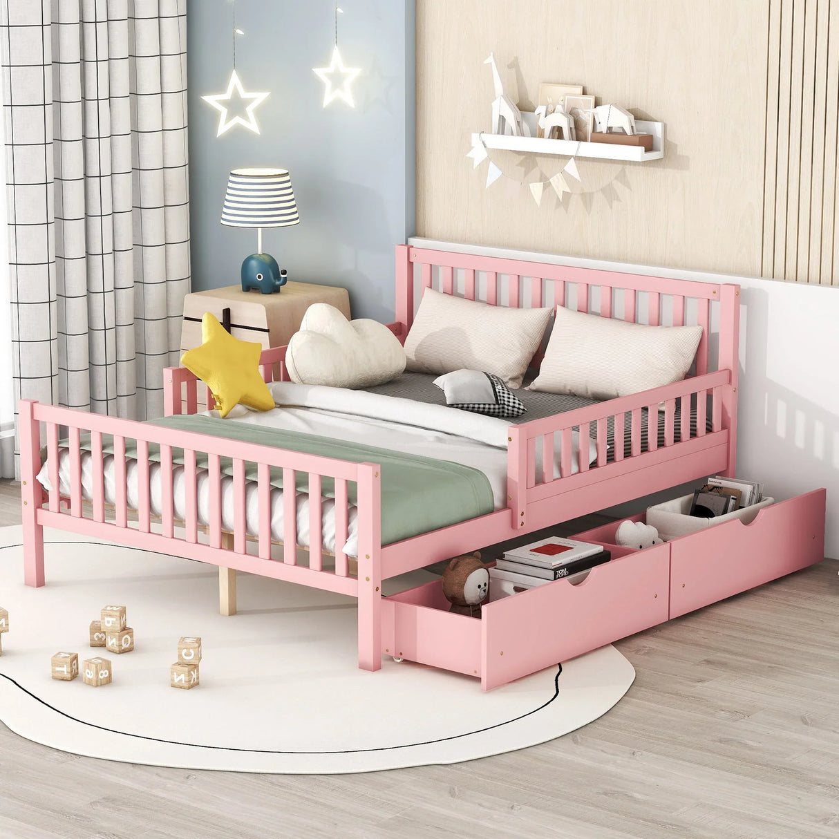 Platform Bed With Guardrails On Both Sides And 2 Storage Drawers - Furniture Home Direct