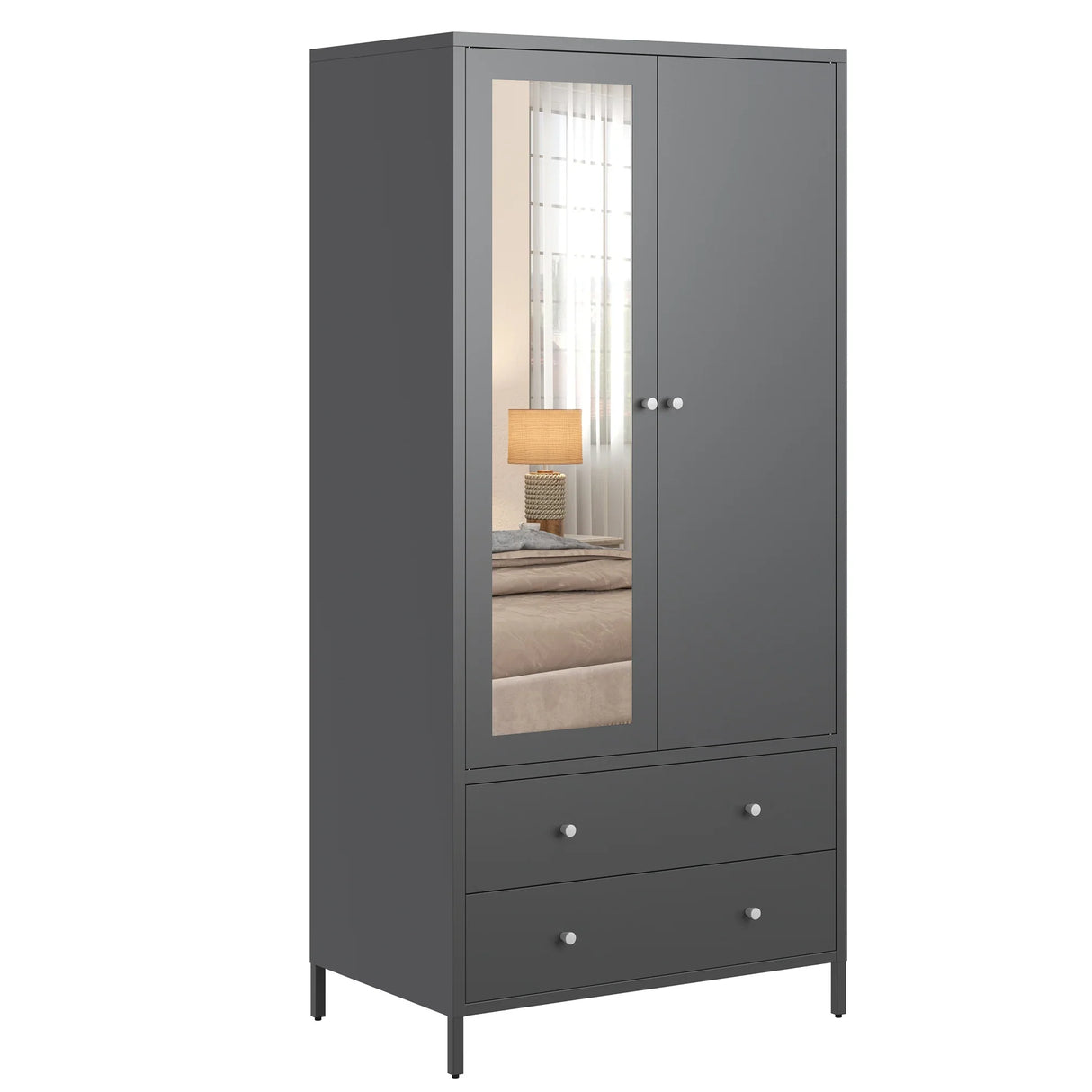 Wardrobe With Mirror Door And Two Drawers Charcoal Gray - Furniture Home Direct