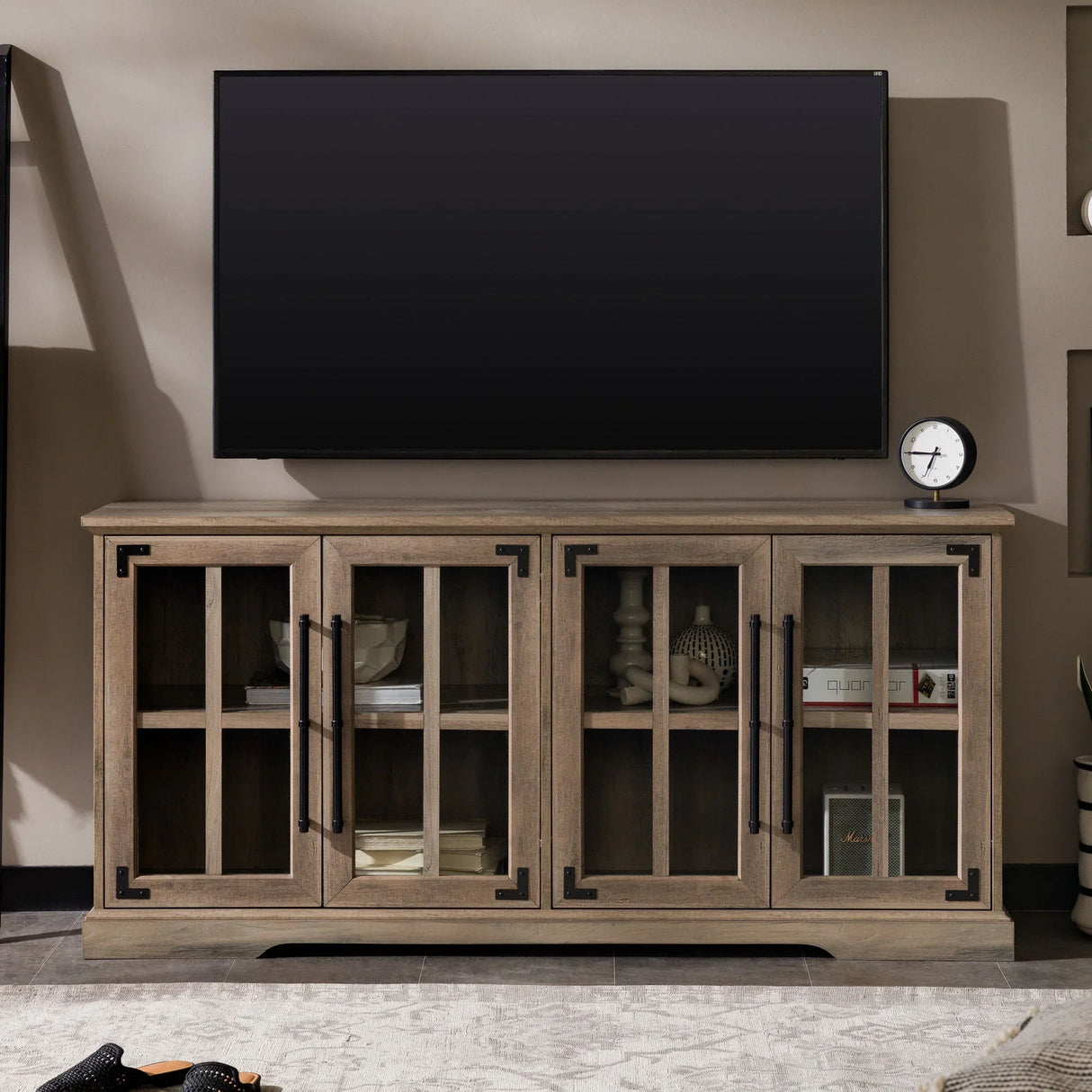 Modern Farmhouse Two Tone Windowpane Glass Door TV Stand For TVs Up To 65" - Furniture Home Direct