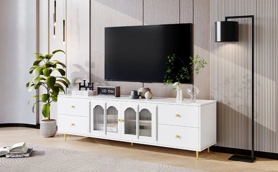 Modern TV Stand With Glass Door, 4 Drawers And 2 Cabinets - Furniture Home Direct