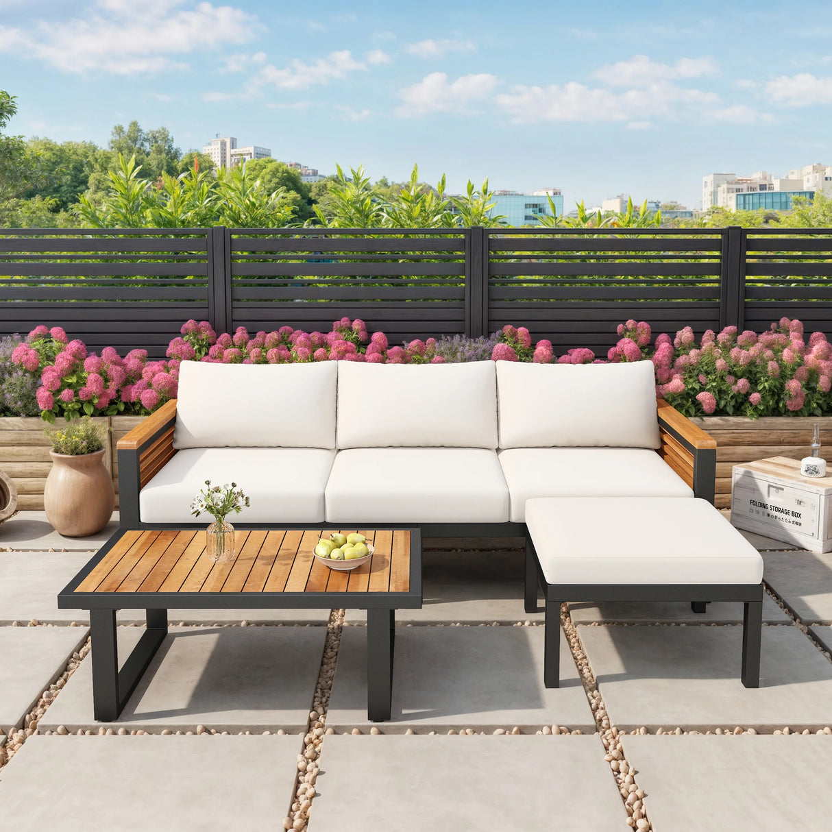 3-piece Outdoor Acacia Wood and Metal Patio Set - Furniture Home Direct