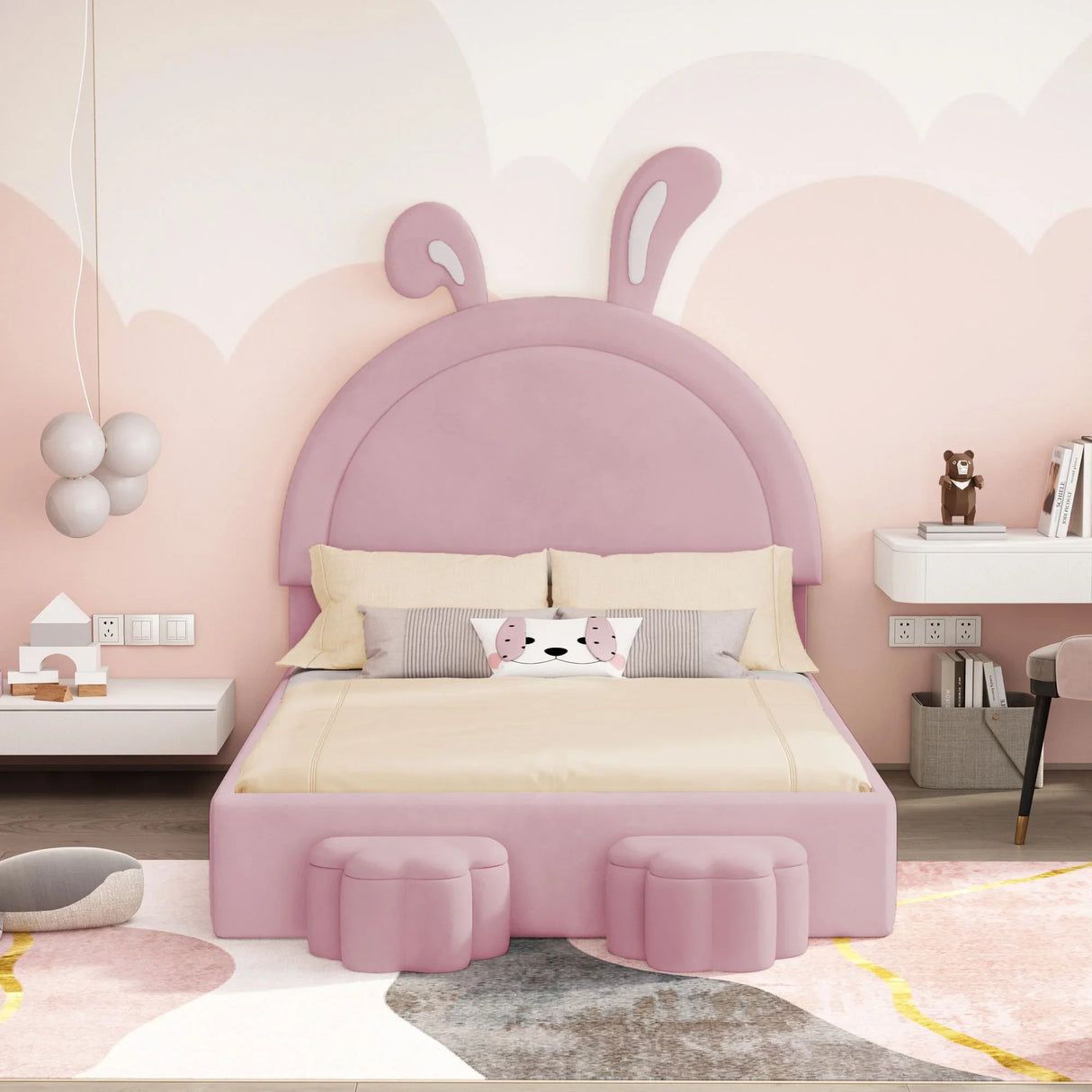 Rabbit Shaped Bed With Storage Stools Upholstered Pink - Furniture Home Direct