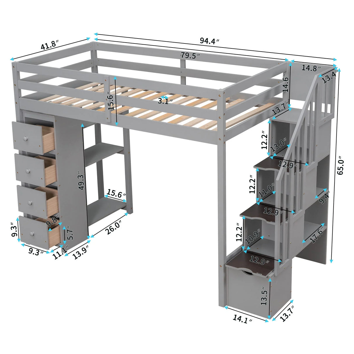 Loft Bed With Storage Drawers And Stairs With Shelves - Furniture Home Direct