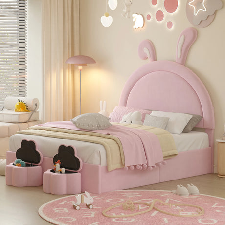 Rabbit Shaped Bed With Storage Stools Upholstered Pink - Furniture Home Direct