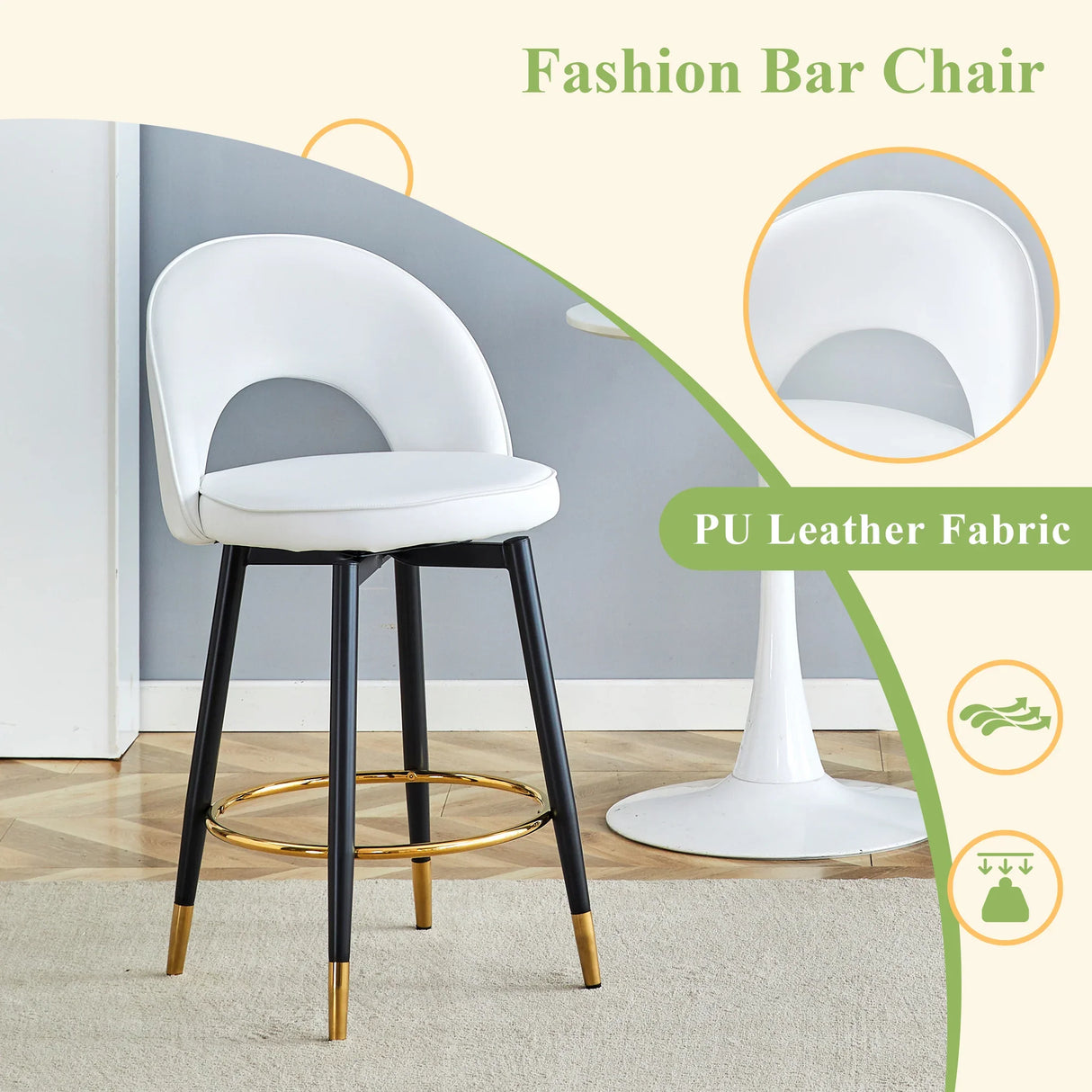 Counter Height Stools Upholstered Gold Footrest White - Furniture Home Direct