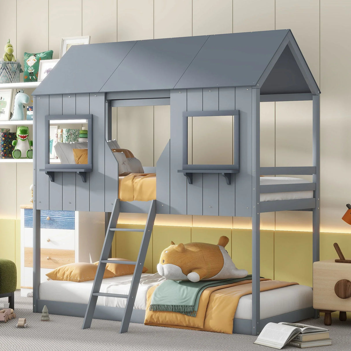 Twin Over Twin Bunk Bed With Roof, Window, Guardrail, Ladder - Furniture Home Direct