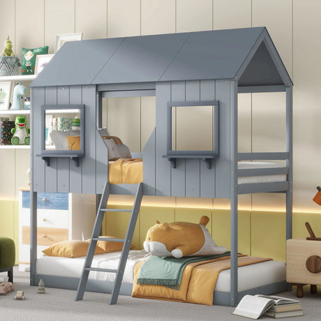 Twin Over Twin Bunk Bed With Roof, Window, Guardrail, Ladder - Furniture Home Direct