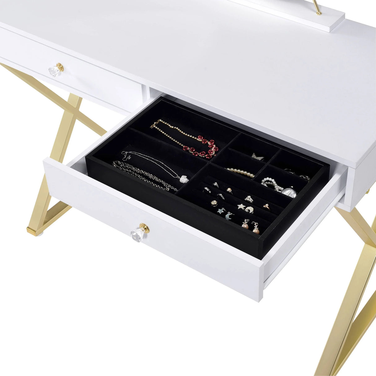 Vanity Desk With Mirror And Jewelry Tray Gold Legs White - Furniture Home Direct