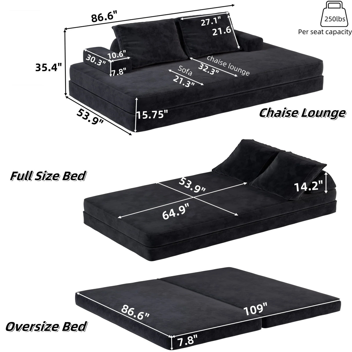 Multifunctional Convertible Sofa Bed With 2 Tumbler Backrests And 2 Pillows, Deep Seat Couch - Furniture Home Direct