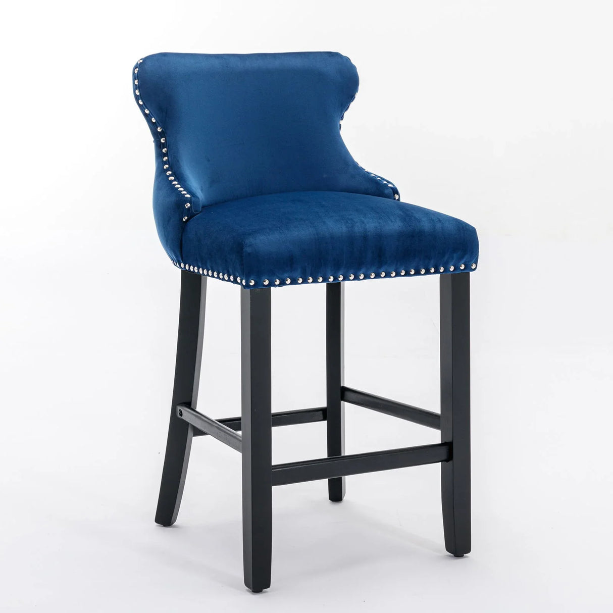 Contemporary Velvet Upholstered Wing-Back Barstools With Button Tufted Decoration And Wooden Legs, And Chrome Nailhead Trim, Leisure Style Bar Chairs, Bar Stools (Set of 2) - Furniture Home Direct
