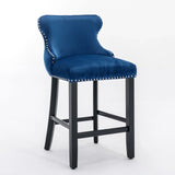 Contemporary Velvet Upholstered Wing-Back Barstools With Button Tufted Decoration And Wooden Legs, And Chrome Nailhead Trim, Leisure Style Bar Chairs, Bar Stools (Set of 2) - Furniture Home Direct