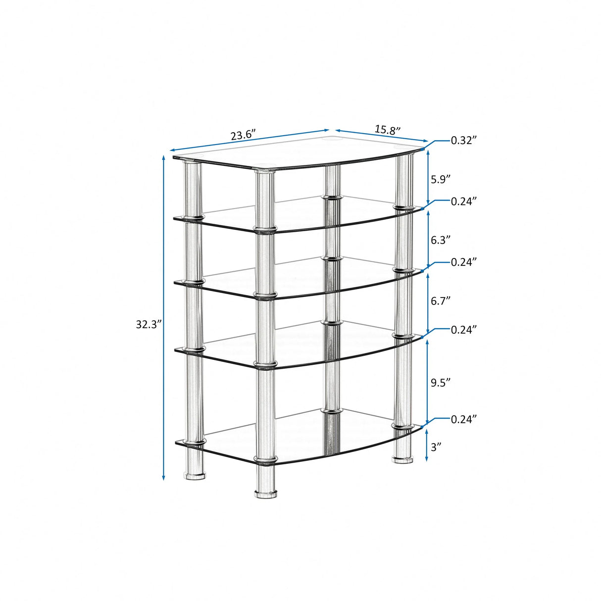 5 Tier Tempered Glass Side Table, Stainless Steel Frame End Table For Living Room, Bedroom - Black - Furniture Home Direct
