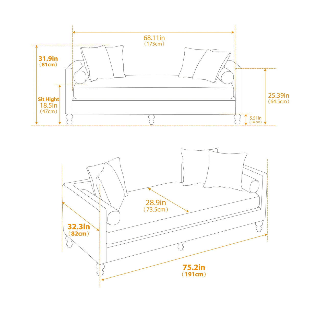 Upholstered Chaise Lounge Indoor With Nailheads, Sleeper Sofa Couch With 4 Throw Pillows & 2 Bolsters, Daybed With Rubberwood Legs - Furniture Home Direct