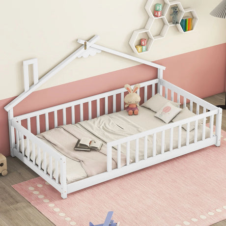House-Shaped Bedside Floor Bed With Guardrails, Slats, Without Door - Furniture Home Direct