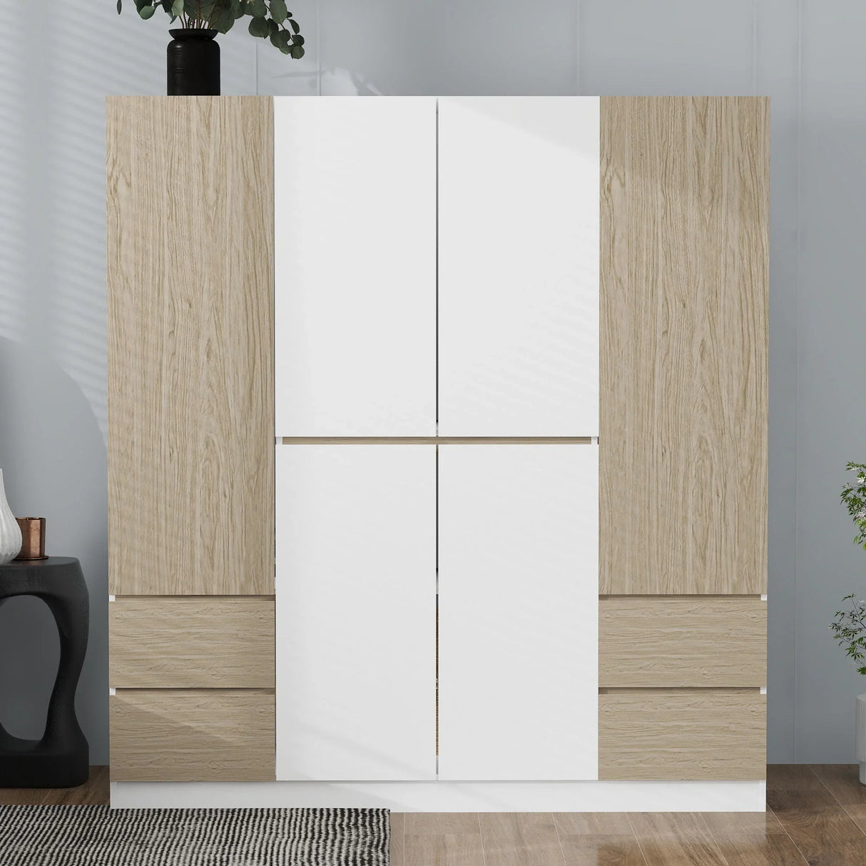 6 Doors Wardrobe Storage For Bedroom, With 4 Drawers - White / Nature - Furniture Home Direct