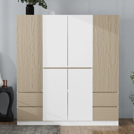6 Doors Wardrobe Storage For Bedroom, With 4 Drawers - White / Nature - Furniture Home Direct