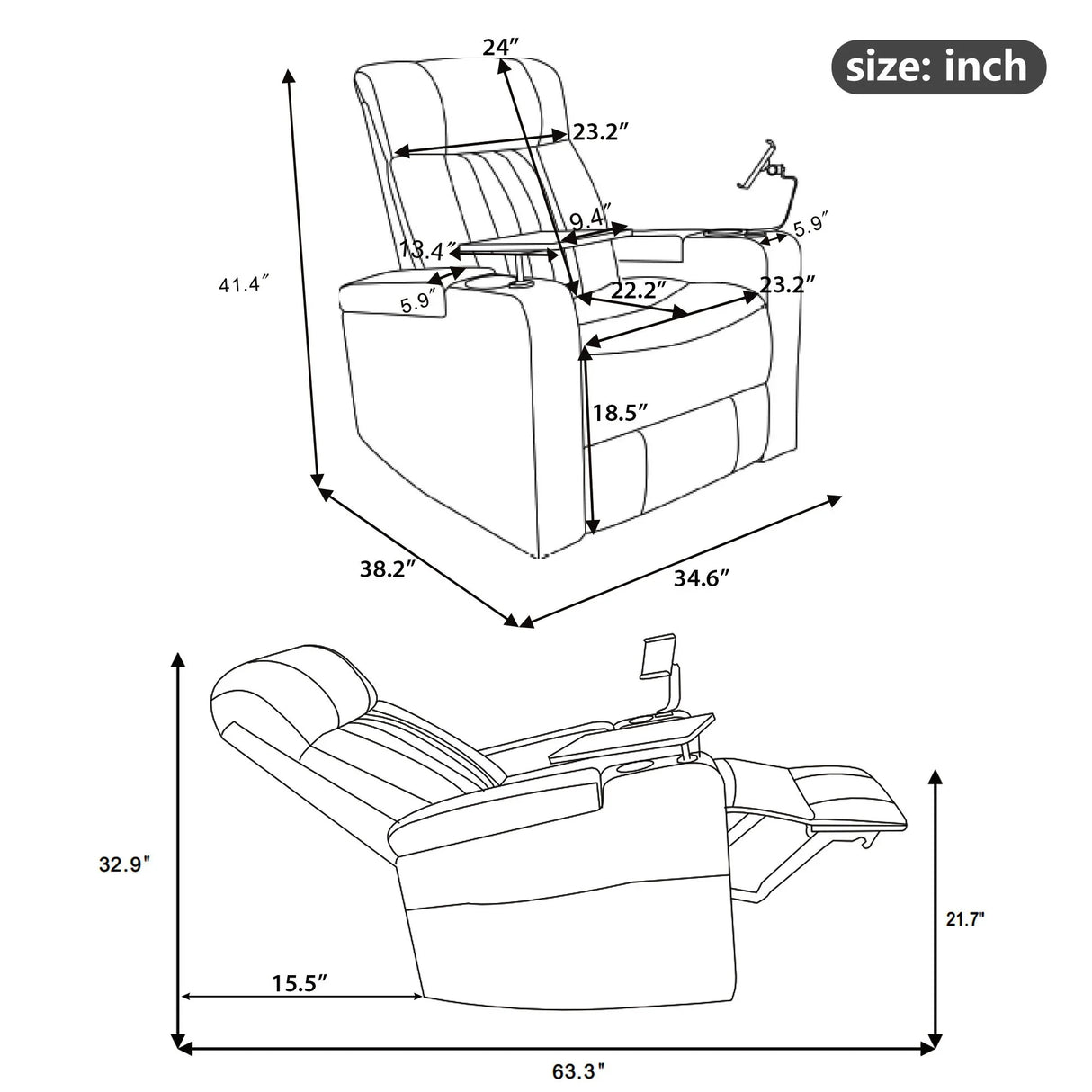 270° Power Swivel Recliner Home Theater Chair With Hidden Arm Storage, LED Light, Cup Holder, And Tray Table - Furniture Home Direct