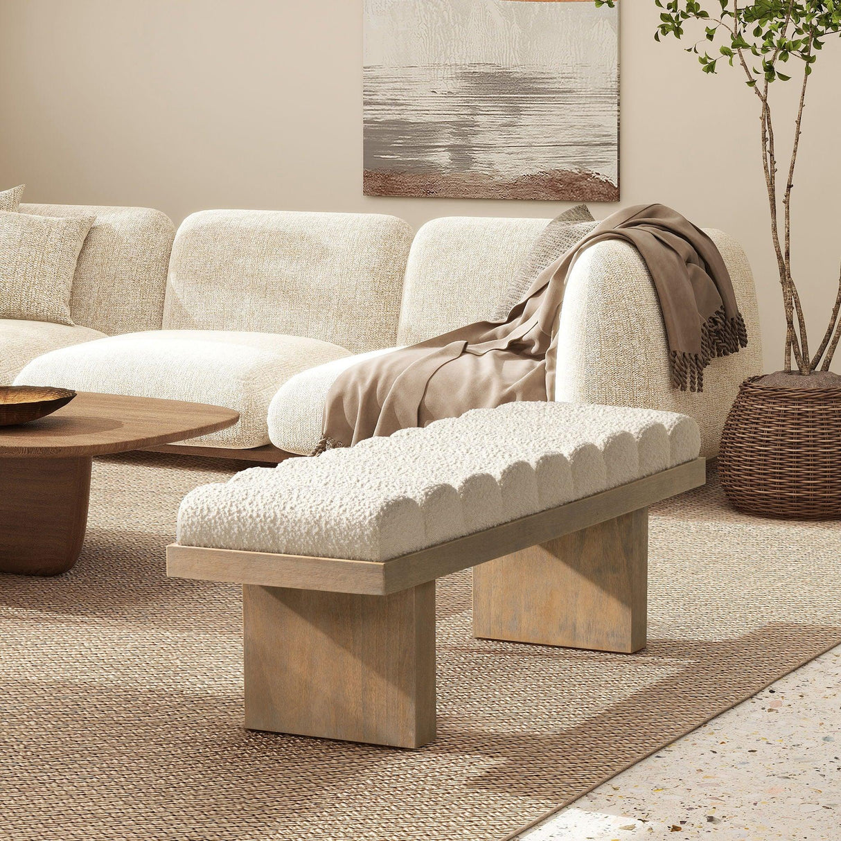 Bella - Upholstered Modern Accent Bench - Ivory White - Furniture Home Direct
