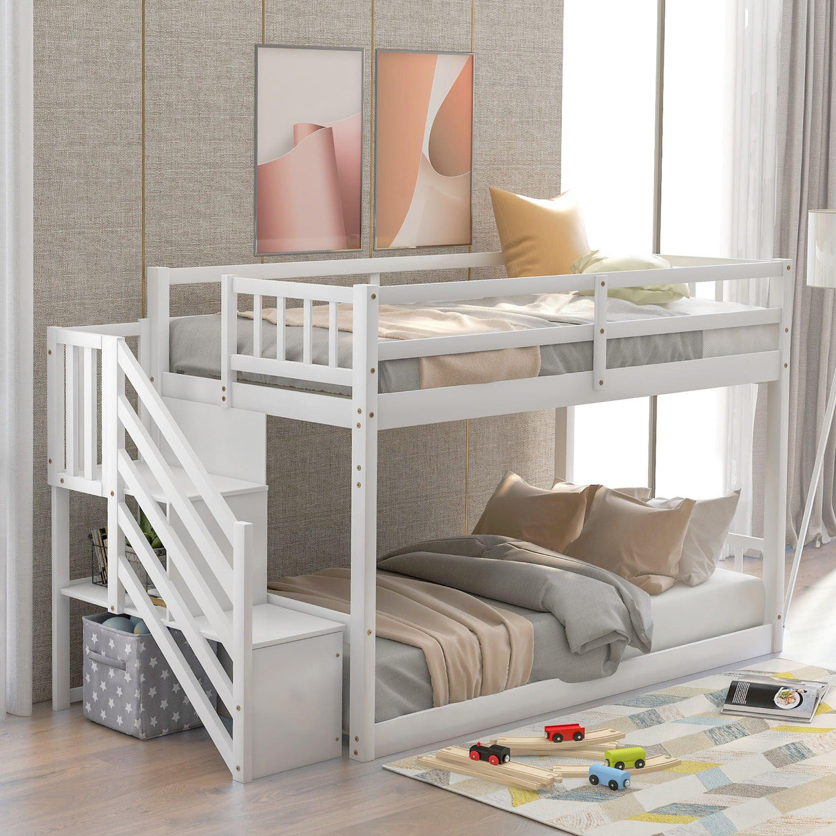 Twin Over Twin Floor Bunk Bed, Ladder With Storage - Furniture Home Direct