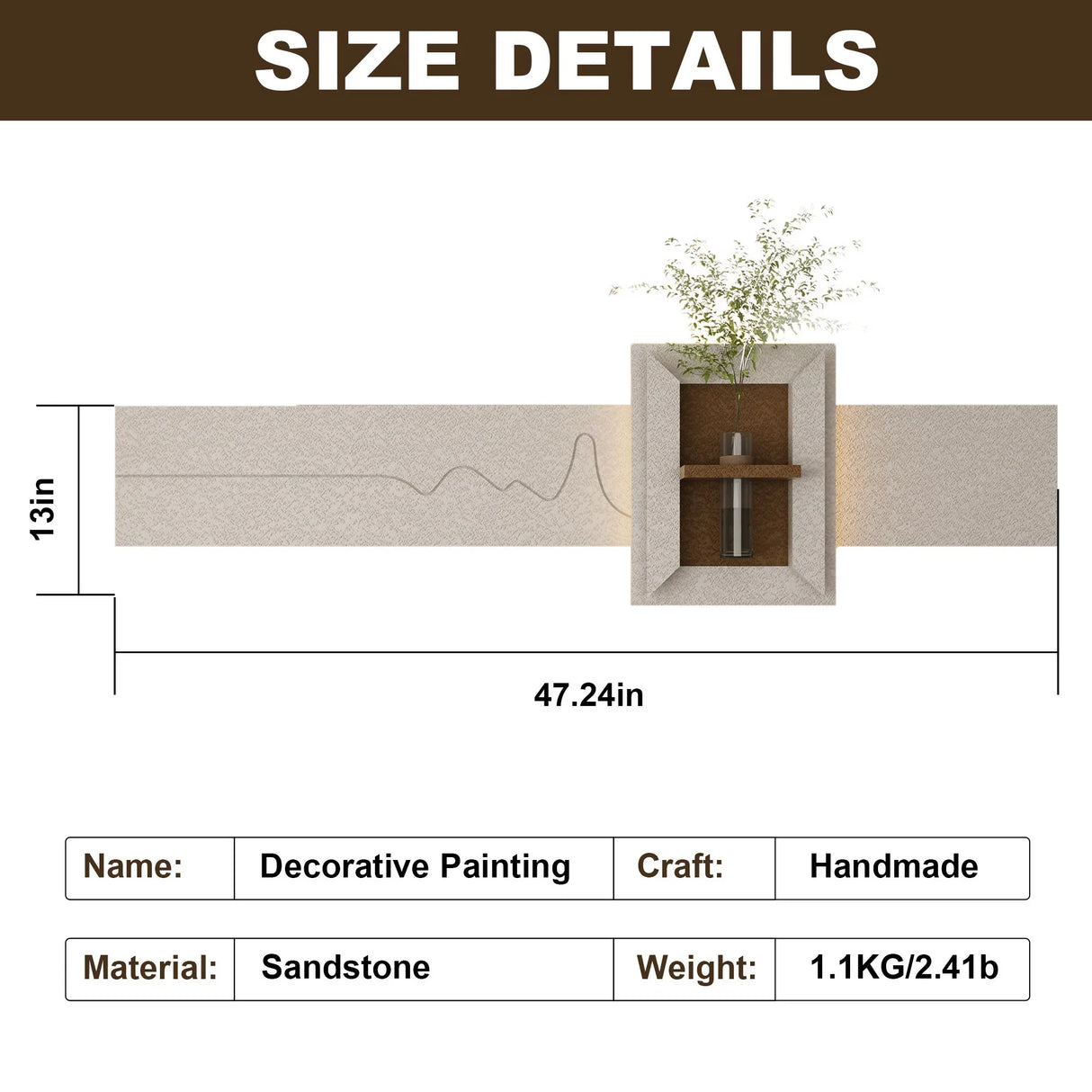 3D LED Sandstone Wall Decor With Simulated Plants, Glass Vase & Remote Control - Light Coffee - Furniture Home Direct