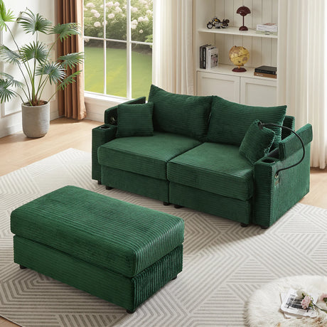 Sofa and Ottoman With Storage, Two USB Ports, Two Cup Holders and Phone Holder - Green - Furniture Home Direct