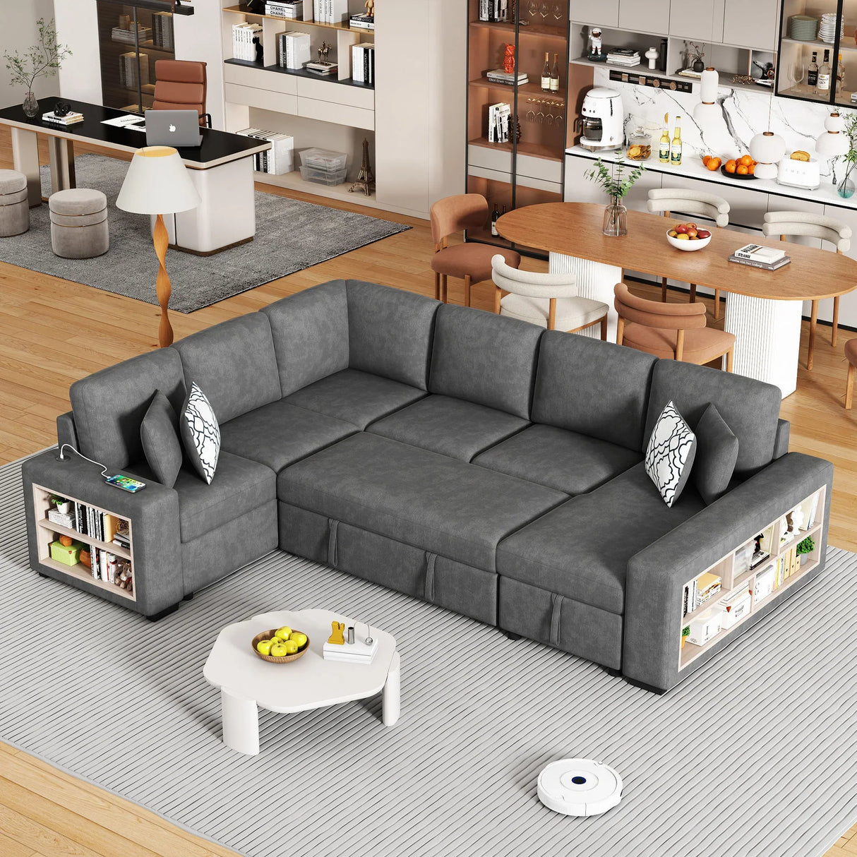 U-Shaped Sectional Sofa Pull-Out Sofa Bed With Two USB Ports, A Storage Chaise Lounge And Four Back Pillows For Living Room - Furniture Home Direct