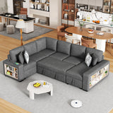U-Shaped Sectional Sofa Pull-Out Sofa Bed With Two USB Ports, A Storage Chaise Lounge And Four Back Pillows For Living Room - Furniture Home Direct