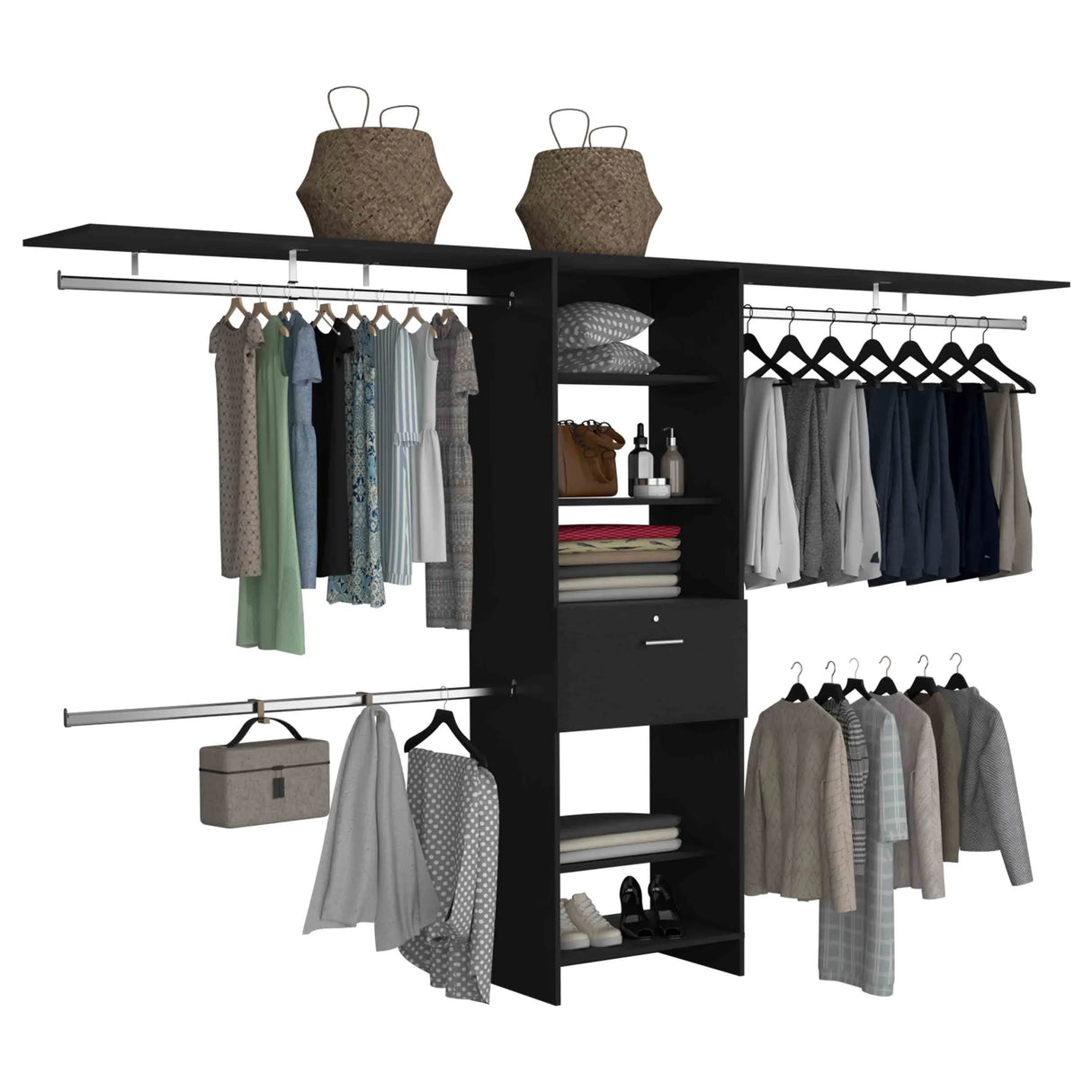 Closet System With Three Hanging Rods And Shelves Black - Furniture Home Direct