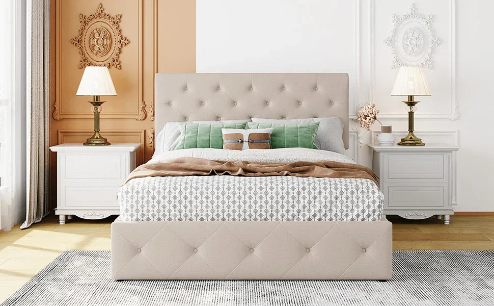 Platform Bed With Hydraulic Storage Upholstered Beige - Furniture Home Direct